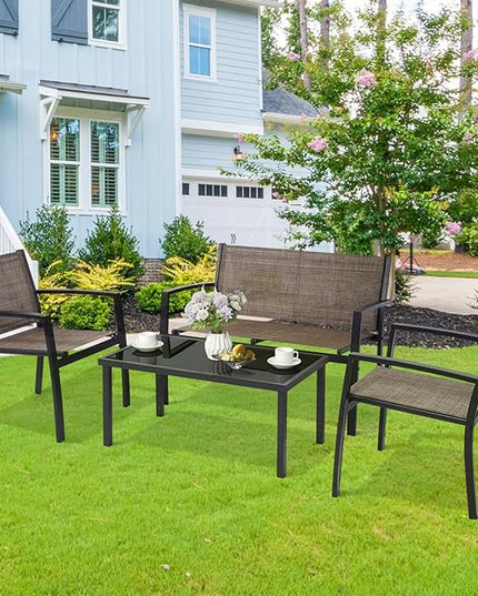 4 Pieces Patio Furniture Set Outdoor Garden Patio Conversation Sets Poolside Lawn Chairs with Tempered Glass Coffee Table Loveseat Porch Furniture Textilene Fabric Yellow - LeafyLoom