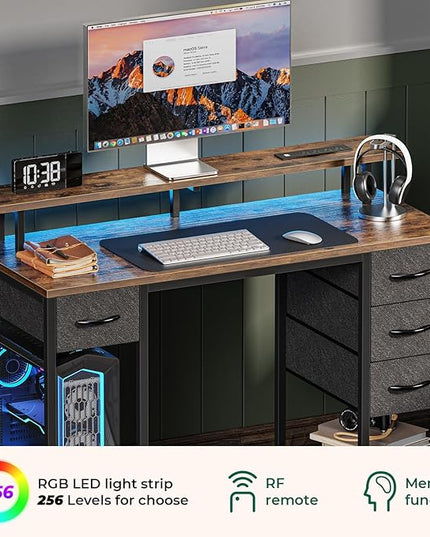 47 inch Computer Desk with 4 Drawers, Gaming Desk with LED Lights & Power Outlets, Home Office Desk with Large Storage Space for Bedroom, Work from Home, Rustic Brown - LeafyLoom