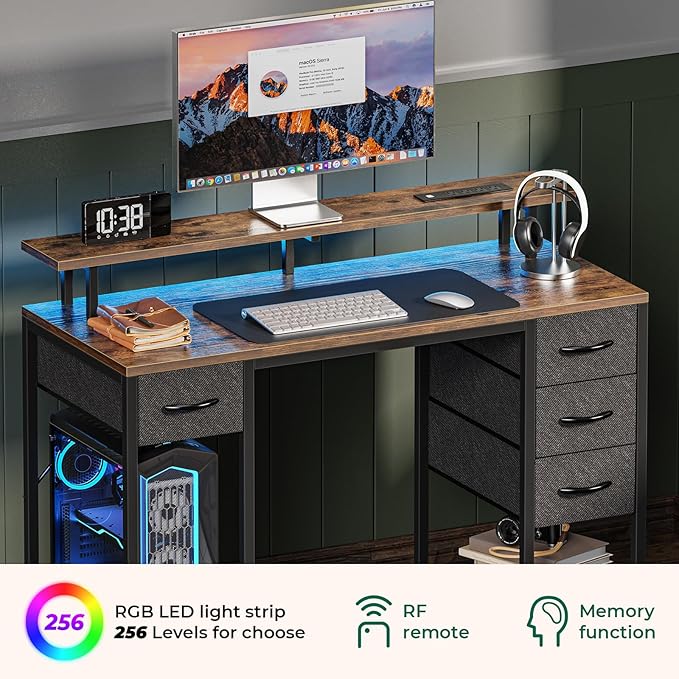 47 inch Computer Desk with 4 Drawers, Gaming Desk with LED Lights & Power Outlets, Home Office Desk with Large Storage Space for Bedroom, Work from Home, Rustic Brown - LeafyLoom