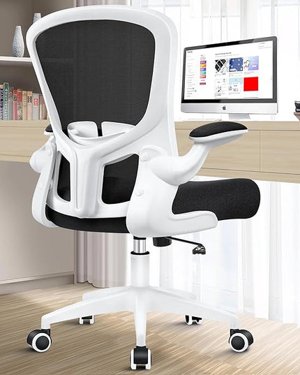 Ergonomic Office Chair, Lumbar Support Desk Chair with Flip-up Armrest and Breathable Mesh, Height Adjustable Swivel Office Chair White - LeafyLoom