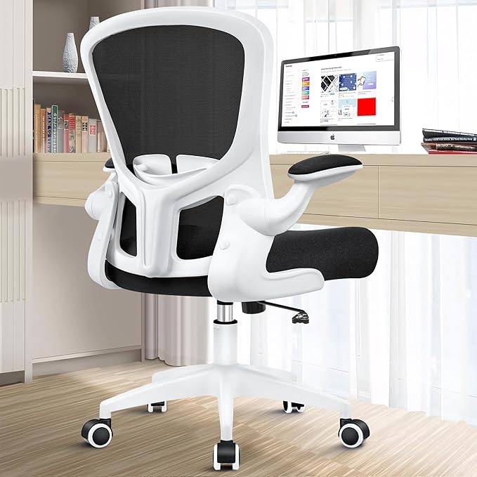 Ergonomic Office Chair, Lumbar Support Desk Chair with Flip-up Armrest and Breathable Mesh, Height Adjustable Swivel Office Chair White - LeafyLoom