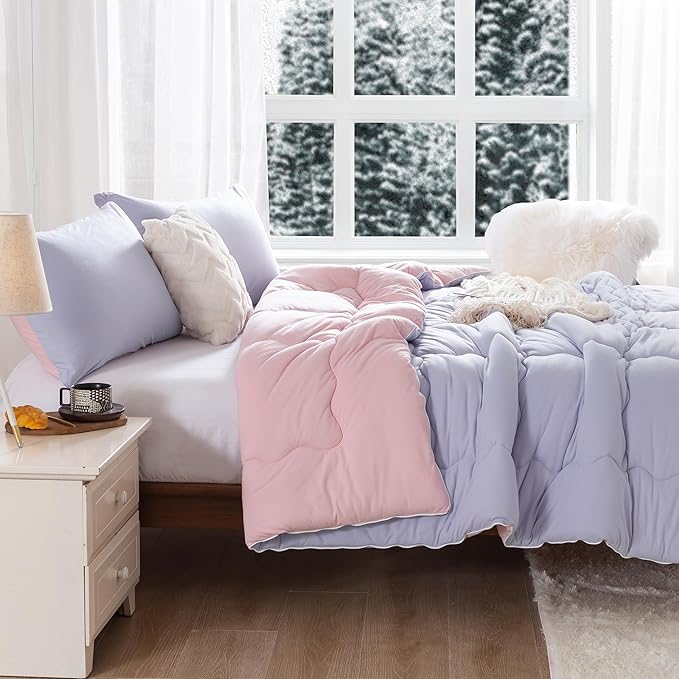 COTTEBED Reversible Ultra-Soft Warm King Size Comforter Set, California Cal King Down Comforter Cozy Fully Breathable Bedding 1 Down Alternative Quilt and 2 Pillowsham Winter Pink and Purple - LeafyLoom
