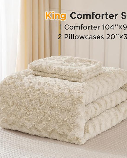 Andency Fleece Beige Comforter Set King, 3 Pieces Fuzzy Plush Faux Fur Bedding Comforter, Fluffy Shaggy Warm Sherpa Bed Set for Winter (104x90Inch Comforter) - LeafyLoom