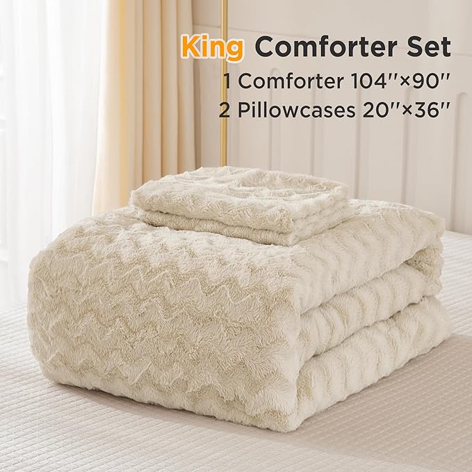 Andency Fleece Beige Comforter Set King, 3 Pieces Fuzzy Plush Faux Fur Bedding Comforter, Fluffy Shaggy Warm Sherpa Bed Set for Winter (104x90Inch Comforter) - LeafyLoom
