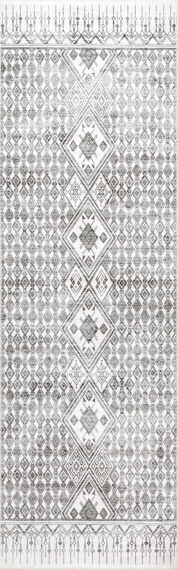 nuLOOM Hettie Transitional Tribal Machine Washable Ultra Thin Runner Rug, 2' 6" x 8', Light Grey - LeafyLoom