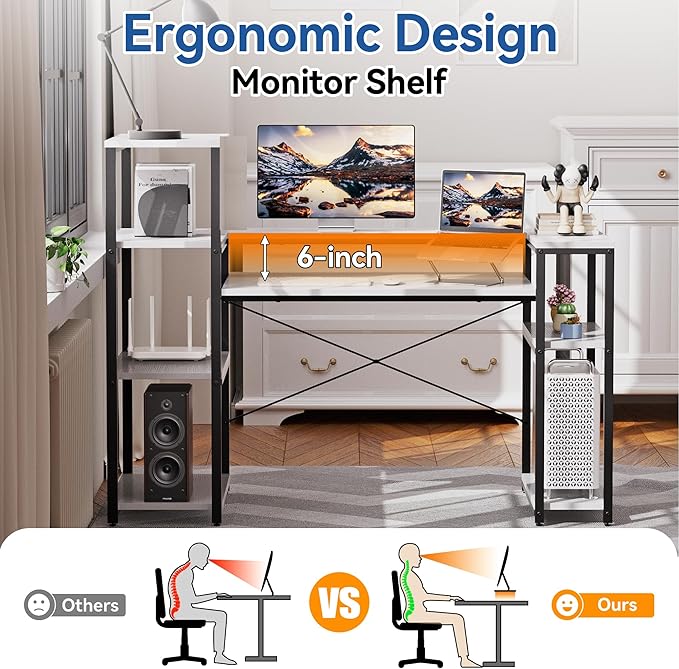 63-Inch Computer Desk with Printer Shelf, Teen Desk, Home Office Desk with Monitor Stand and Bookshelf for Study, Writing, PC Work, Gaming - LeafyLoom