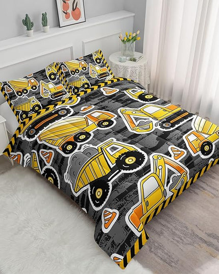 Datura home Kids Construction Truck Comforter Set for Boys Kids,Excavators Truck Machinery Vehicles Tractor Printed Bedding Set with 1 Comforter and 2 Pillowcases(Truck Yellow Twin) ,Twin 68x86inches - LeafyLoom