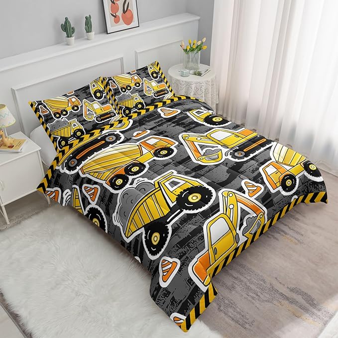 Datura home Kids Construction Truck Comforter Set for Boys Kids,Excavators Truck Machinery Vehicles Tractor Printed Bedding Set with 1 Comforter and 2 Pillowcases(Truck Yellow Twin) ,Twin 68x86inches - LeafyLoom