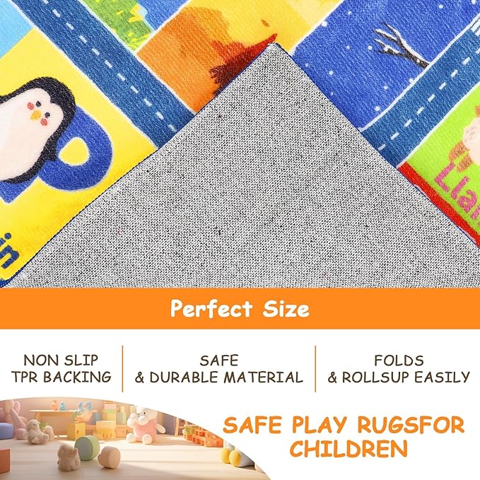 HEBE Kids Play Rug 3'4"x5' ABC Alphabet Numbers Shapes Educational Kid Area Rug Washable Baby Crawling Mat Non Slip Kid Play Mat Carpet for Girl Boy Bedroom Playroom - LeafyLoom