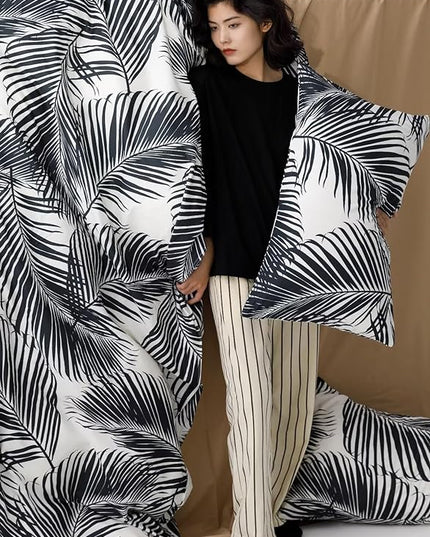Black Leaves Comforter Cal King Black and White Palm Leaf Printed Comforter Set Modern Boho Black Tropical Botanical Leaves Bed Quilt Women Men Soft Floral Palm Black California King Comforter - LeafyLoom