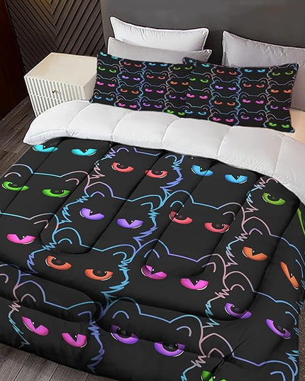 Sunnycitron Cartoon Cat Bedding Cute Cat Comforter Twin Black Cat Comforter set Gradient Line Cat Quilt 3D Neon Cat Bed set Black Cat Bedding set for Teens Kids Boys Girls Adults - LeafyLoom