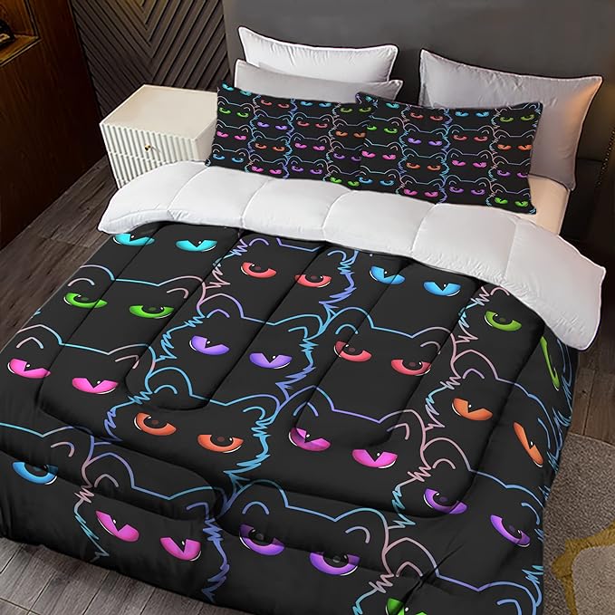Sunnycitron Cartoon Cat Bedding Cute Cat Comforter Twin Black Cat Comforter set Gradient Line Cat Quilt 3D Neon Cat Bed set Black Cat Bedding set for Teens Kids Boys Girls Adults - LeafyLoom