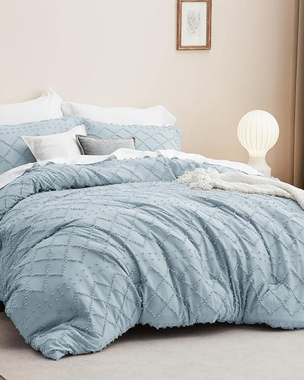 Bedsure Queen Comforter Set - Dusty Blue Comforter, Boho Tufted Shabby Chic Bedding Comforter Set, 3 Pieces Vintage Farmhouse Bed Set for All Seasons, Fluffy Soft Bedding Set with 2 Pillow Shams - LeafyLoom