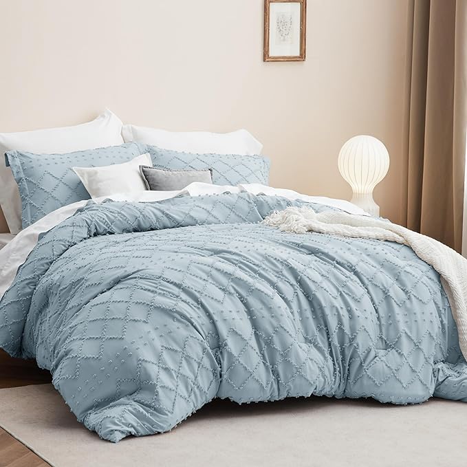 Bedsure Queen Comforter Set - Dusty Blue Comforter, Boho Tufted Shabby Chic Bedding Comforter Set, 3 Pieces Vintage Farmhouse Bed Set for All Seasons, Fluffy Soft Bedding Set with 2 Pillow Shams - LeafyLoom