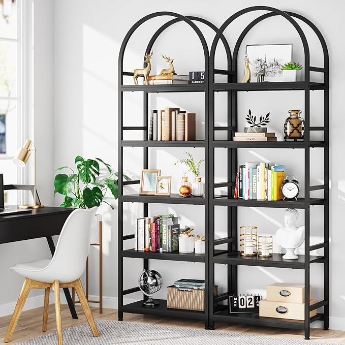 Tribesigns 5-Tier Open Bookshelf Set of 2, 74.4" Wood Bookcase Storage Shelves with Metal Frame, Freestanding Display Rack Tall Shelving Unit for Office, Bedroom, Living Room (Black, 2PCS) - LeafyLoom
