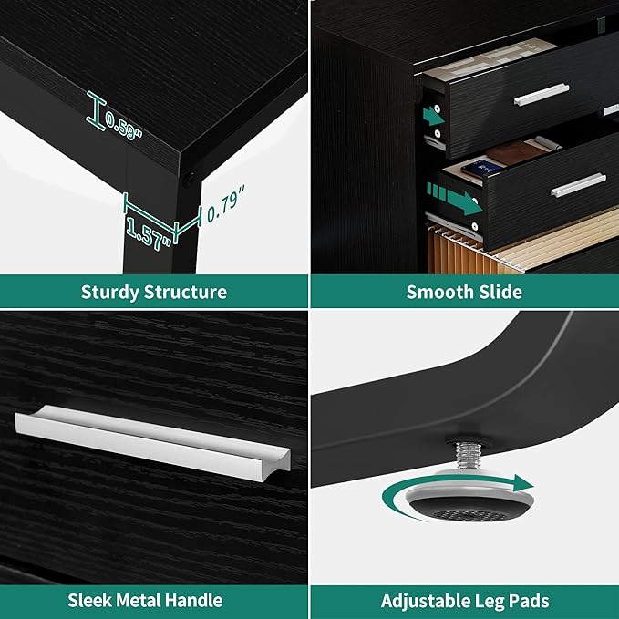 YITAHOME L Shaped Desk with 3 Drawers, 55" Corner Computer Desk with Power Outlets & LED Lights, L-Shaped Desk with File Cabinet for Home Office, Black - LeafyLoom