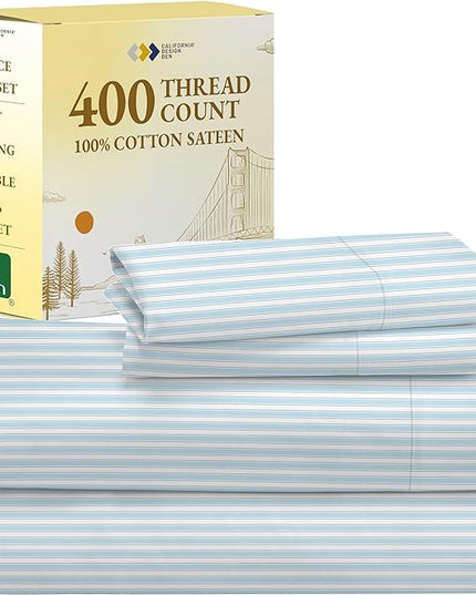 California Design Den Striped Bed Sheets Twin Size, 3 Piece 100% Cotton Sheets Set Luxury 400 Thread Count Sateen, Twin Sheets Printed Pattern (Cape Stripe) - LeafyLoom
