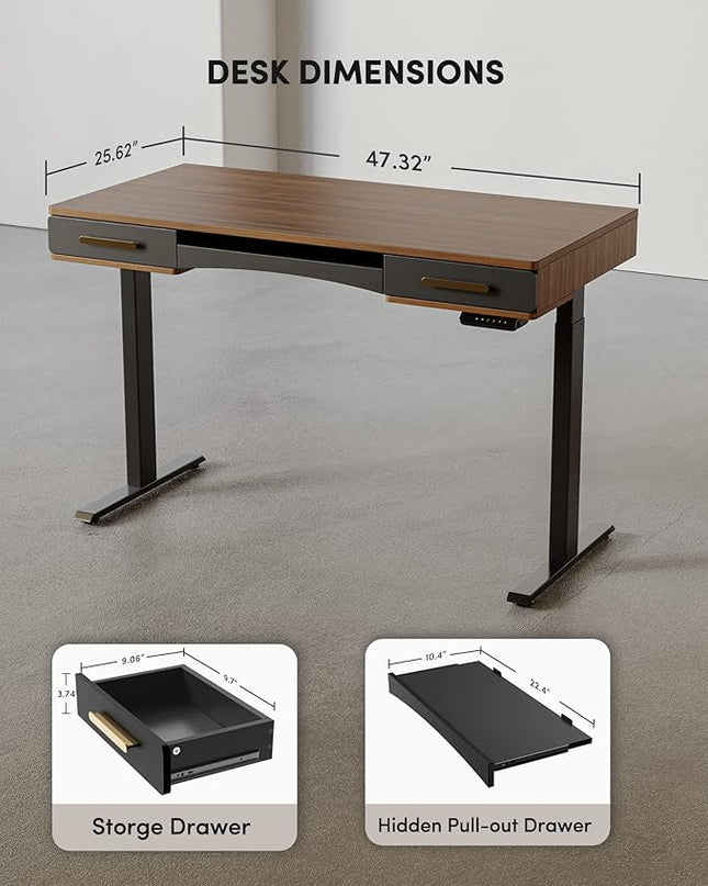 BANTI 48" x 26" Electric Standing Desk, Mid-Century Modern Desk with 3 Drawers, Stand Up Home Office Desks, Vintage Top - LeafyLoom