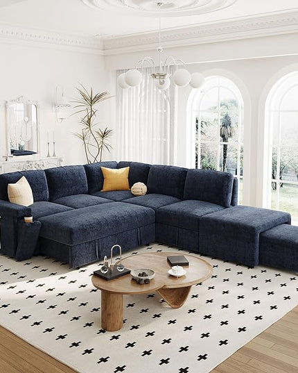 90.6'' L-shaped Modular Sectional Sofa with Storage Space, Ottoman and Pull-Out Bed, 6 Seat Upholstered Couch w/USB Ports & Cup Holders, for Living Rooms, Offices, Apartments, Blue, 90.6 Inch - LeafyLoom