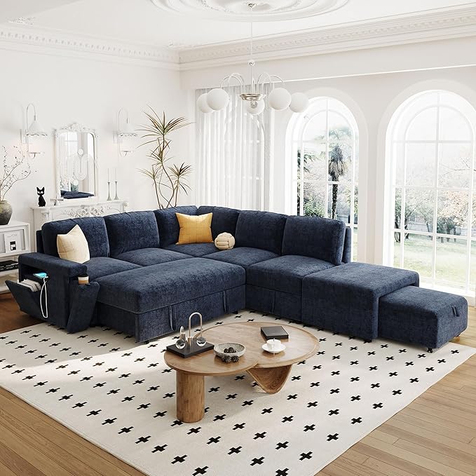 90.6'' L-shaped Modular Sectional Sofa with Storage Space, Ottoman and Pull-Out Bed, 6 Seat Upholstered Couch w/USB Ports & Cup Holders, for Living Rooms, Offices, Apartments, Blue, 90.6 Inch - LeafyLoom