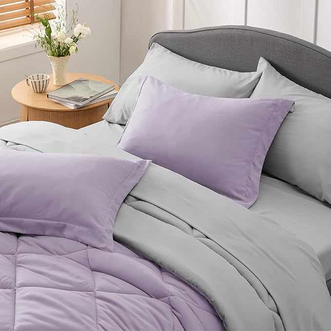 Bedsure Light Purple California King Size Comforter Set - 7 Pieces Reversible California King Bed in a Bag, Cal King Light Purple and Grey Bed Set with Comforters, Sheets, Pillowcases & Shams - LeafyLoom