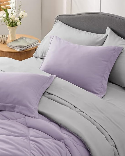 Bedsure Light Purple Full Size Comforter Set - 7 Pieces Reversible Full Bed in a Bag, Full Bed Set Light Purple and Grey with Comforters, Sheets, Pillowcases & Shams - LeafyLoom