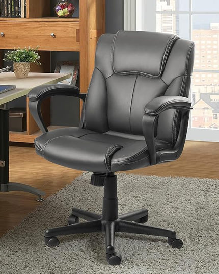 Executive Office Chair Mid Back Swivel Computer Task, Ergonomic Leather-Padded Desk Seats with Lumbar Support,Armrests, Gray - LeafyLoom