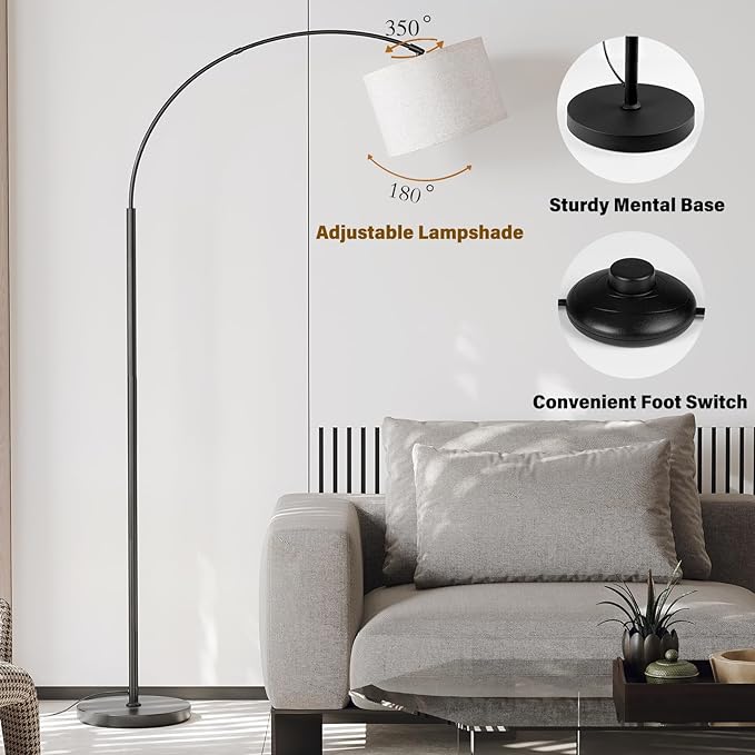 SUNMORY Arc Floor Lamp with 3 Color Temperature,Modern Floor Lamp with 9w A19 LED Bulb,75″Height Tall Lamp for Living Room with Hanging Drum Shade and Weighted Base.Arched Standing Lamp for Bedroom - LeafyLoom