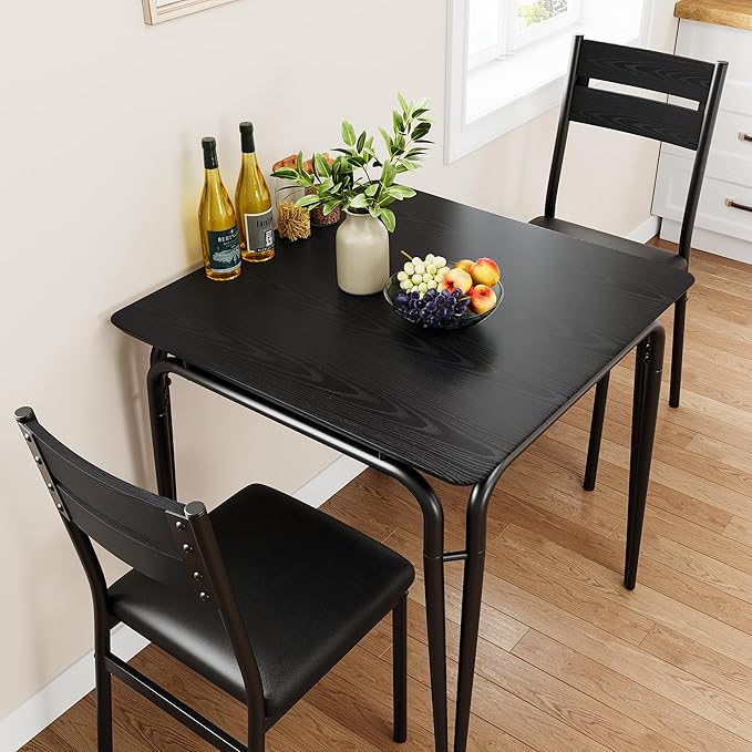 Dining Table for 2, Small Table and Chairs Set of 2, Square Dinette Set for 2, Dinner Table Set, 3 Piece Kitchen & Dining Room Sets for Small Space, Apartment (Black, Dining Table with 2 Chairs) - LeafyLoom
