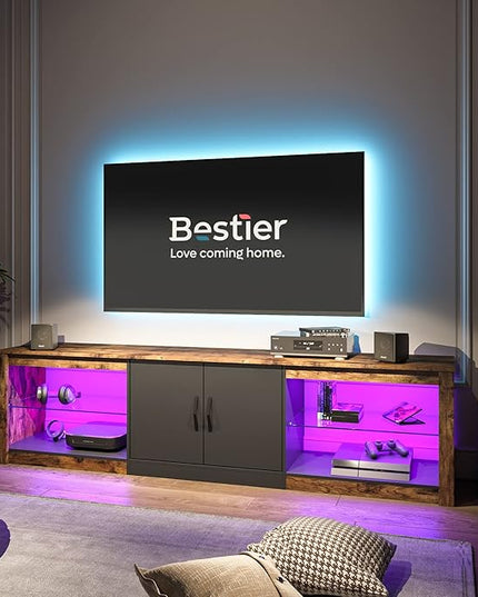 Bestier 70 Inch Led TV Stand for 75 Inch TV Large Entertainment Center Gaming with Adjustable Glass Shelves Two Cabinets Modern TV Console for Living Room 22 RGB Modes, Rustic Brown - LeafyLoom