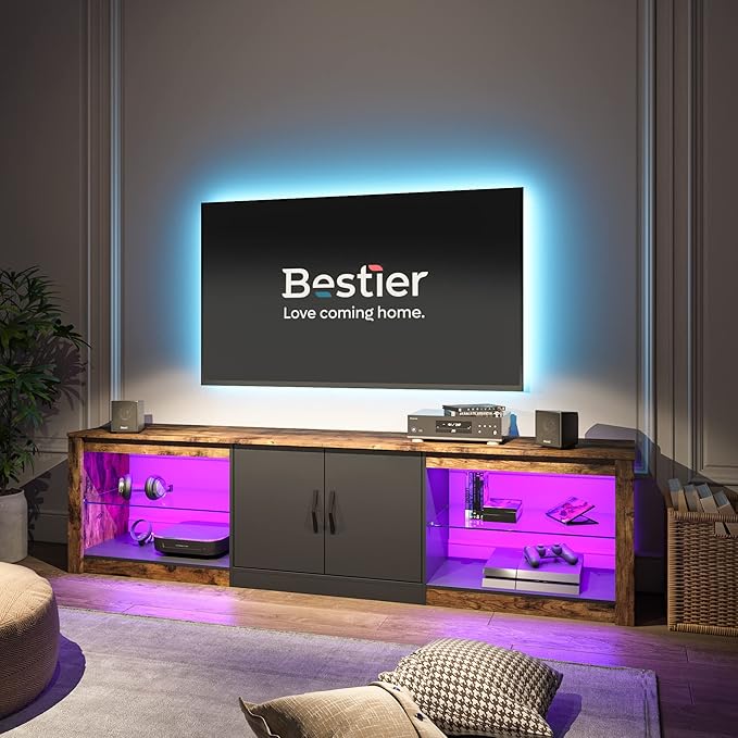 Bestier 70 Inch Led TV Stand for 75 Inch TV Large Entertainment Center Gaming with Adjustable Glass Shelves Two Cabinets Modern TV Console for Living Room 22 RGB Modes, Rustic Brown - LeafyLoom