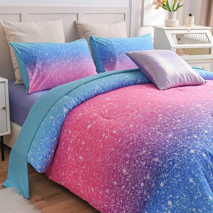 A Nice Night 6Pcs Gradient Glitter Bedding Set for Girls Twin Size, Colorful Rainbow Galaxy Comforter Set, Ultra Soft Bedding Sets, Blue - LeafyLoom