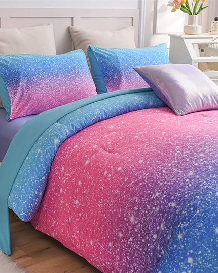 A Nice Night 6Pcs Gradient Glitter Bedding Set for Girls Full Size, Colorful Rainbow Galaxy Comforter Set, Ultra Soft Bedding Sets, Blue - LeafyLoom