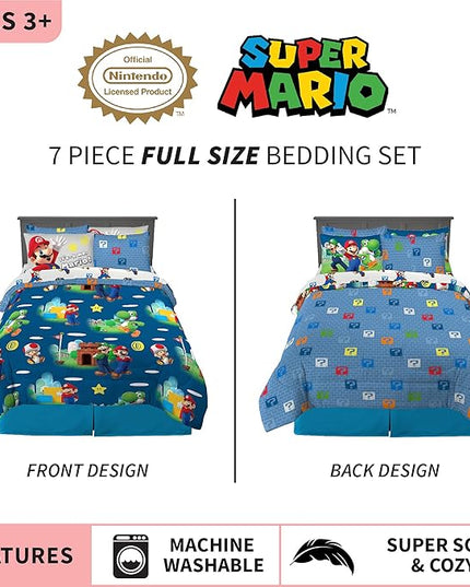 Franco Kids Bedding Super Soft Comforter and Sheet Set with Sham, 7 Piece Full Size, Mario - LeafyLoom