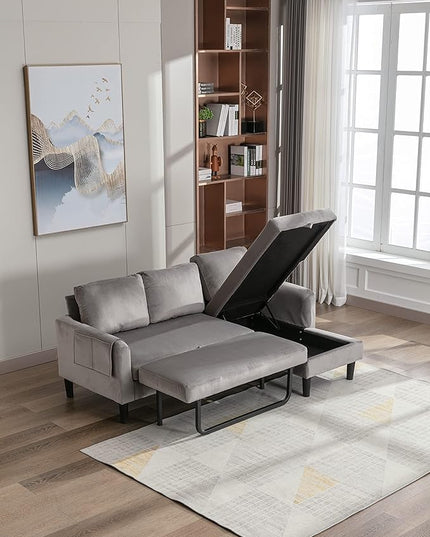 72.44" L-Shaped Reversible Sectional Sofa w/Pull Out Bed & Storage Chaise Lounge,Interior Furniture Comfy Sleeper Corner Couch with 3 Throw Pillows and Pockets,for Dorm,Apartment,Gray - LeafyLoom