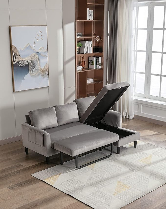 72.44" L-Shaped Reversible Sectional Sofa w/Pull Out Bed & Storage Chaise Lounge,Interior Furniture Comfy Sleeper Corner Couch with 3 Throw Pillows and Pockets,for Dorm,Apartment,Gray - LeafyLoom
