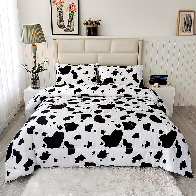 SDY 3 Pieces Milk Cow Print Stuff Bedding Comforter Set Full with 2 Pillowcases for Kids Teens Girls Women, Microfiber, Easy Wash, Light Breathable Cozy White Base Cute Milk Cow Pattern, Full Size… - LeafyLoom