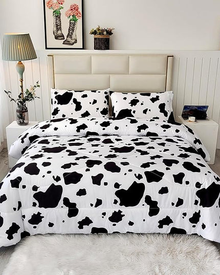 SDY 3 Pieces Milk Cow Print Stuff Bedding Comforter Set with 2 Pillowcases for Kids Teens Girls Women, Microfiber, Easy Wash, Light Breathable Cozy White Base Cute Milk Cow Pattern, Twin Size - LeafyLoom