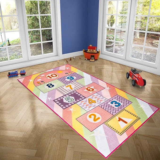 Booooom Jackson Hop and Count Hopscotch Kid Rug,40''x70'' kids Carpet Rugs for3, 4, 5, 6, and 7 Year Olds,Rainbow Rug for Girls Bedroom and kids playroom, Floor Mat Suitable for indoor and outdoor - LeafyLoom