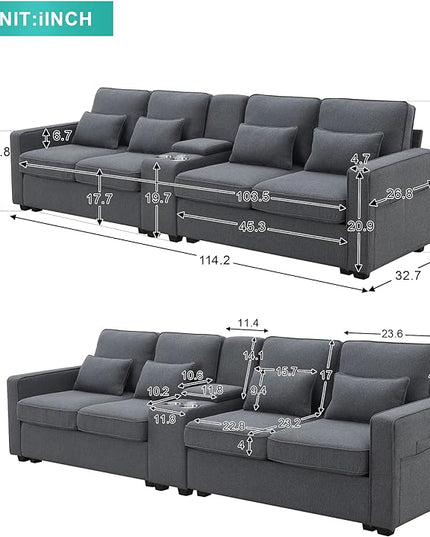 114.2" Linen Upholstered Sofa with Consoleand 2 USB Ports Wired or Wirelessly Charged,Modern 4-Seat Couches W/ 4 Pillows and Two Cupholders,for Living Room,Apartment,Dark Grey - LeafyLoom