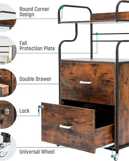 Vertical File Cabinet, 2 Drawer Mobile Filing Cabinet with 1 Bookshelf, Printer Stand with Open Storage Shelves Fits A4/Letter/Legal Size File Cabinets for Home Office Organizer, Brown - LeafyLoom