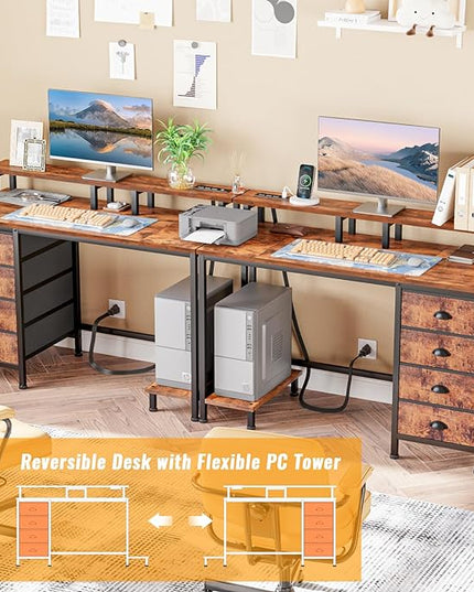 Furologee Desk with Power Outlets and LED Lights, 47in Gaming Computer Desk with 4 Fabric Drawers, Home Office Desk with Full Monitor Stand and Shelf, Study Writing Desk Bedroom, Rustic Brown - LeafyLoom