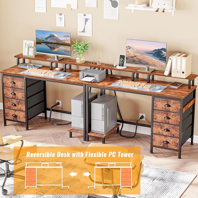 Furologee Desk with Power Outlets and LED Lights, 47in Gaming Computer Desk with 4 Fabric Drawers, Home Office Desk with Full Monitor Stand and Shelf, Study Writing Desk Bedroom, Rustic Brown - LeafyLoom
