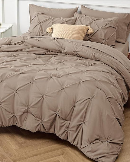 Bedsure Twin Comforter Set with Sheets - 5 Pieces Twin Bedding Sets, Pinch Pleat Khaki Twin Bed in a Bag with Comforter, Sheets, Pillowcase & Sham, Kids Bedding Set - LeafyLoom