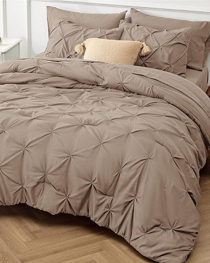 Bedsure Khaki Comforter Set Queen - Bed in a Bag Queen 7 Pieces, Pintuck Beddding Sets Green Bed Set with Comforter, Sheets, Pillowcases & Shams - LeafyLoom