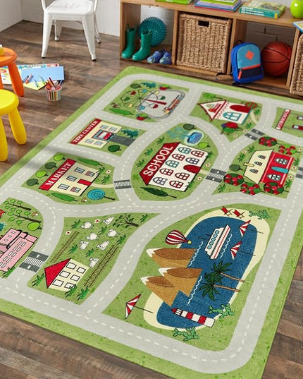 LIVEBOX Green Kids Playroom Rug, 5'x7' Washable Road Rug for Kids Room, Non-Slip Soft Car Rug Play Mat for Baby Nursery, Large City Traffic Rug Classroom for Boys Girls Dorm Toy Room Tent - LeafyLoom