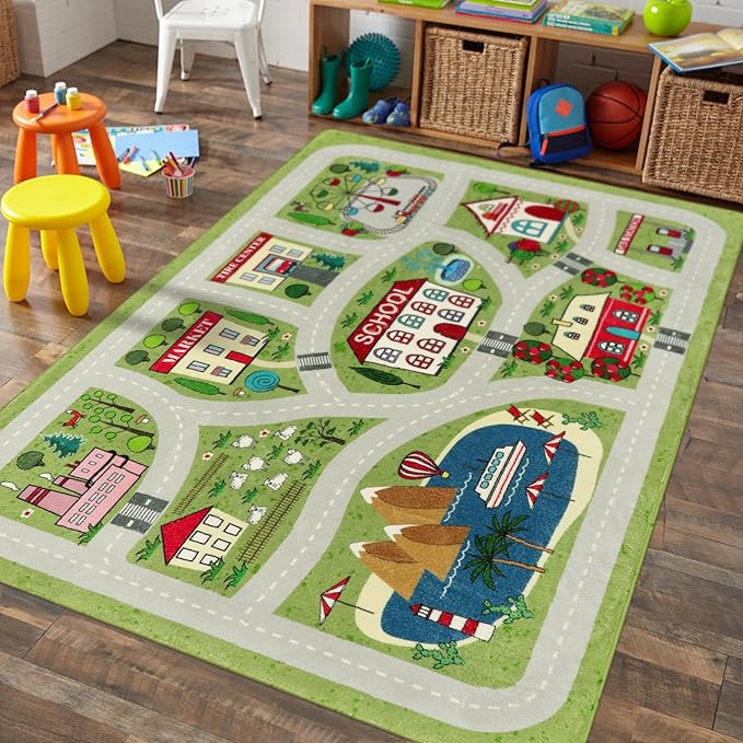 LIVEBOX Green Kids Playroom Rug, 5'x7' Washable Road Rug for Kids Room, Non-Slip Soft Car Rug Play Mat for Baby Nursery, Large City Traffic Rug Classroom for Boys Girls Dorm Toy Room Tent - LeafyLoom
