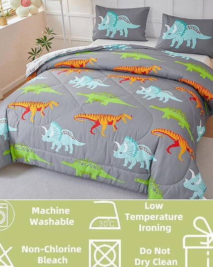 RYNGHIPY Dinosaur Kids Comforter Set Cartoon Dinosaur Bedding Sets for Boys 3 Pieces Queen Microfiber Comforter with Pillowcases Soft Lightweight (Dark Grey,Queen) - LeafyLoom