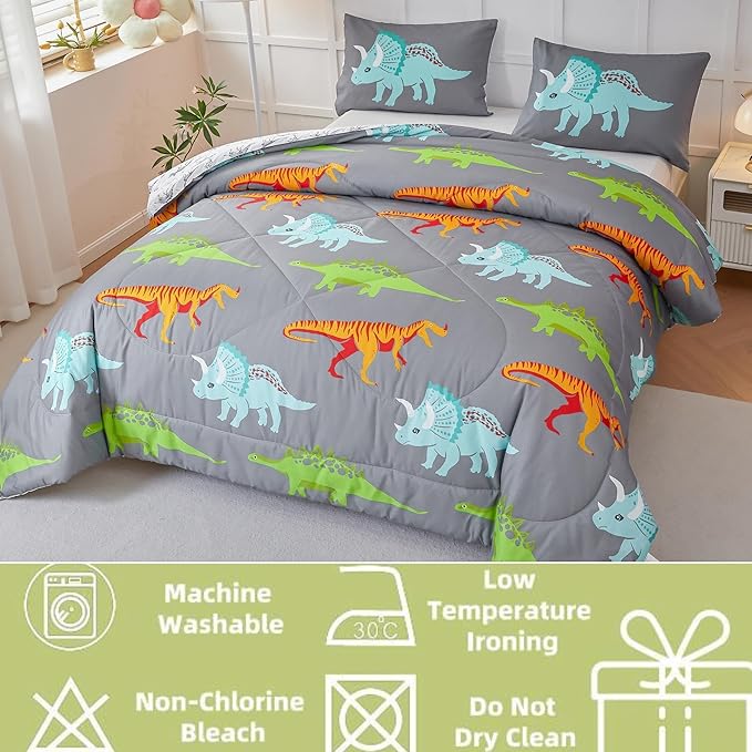 RYNGHIPY Dinosaur Kids Comforter Set Cartoon Dinosaur Bedding Sets for Boys 3 Pieces Queen Microfiber Comforter with Pillowcases Soft Lightweight (Dark Grey,Queen) - LeafyLoom