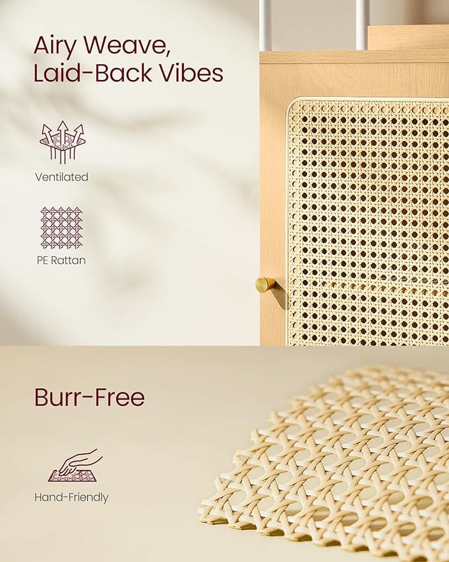 VASAGLE 6-Tier Bookcase, Bookshelf with Rattan-Like Door, Boho Style, Freestanding 15.7-Inch Wide Storage Shelf, Metal Frame, Adjustable Shelf, for Living Room, Oak Beige and Pearl White ULLS122W57 - LeafyLoom